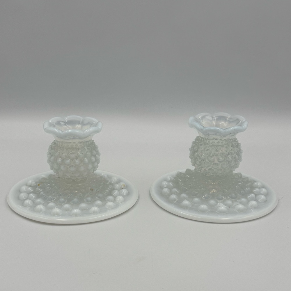 Vintage Hobnail Opalescent Glass Candle Holders Pair Fenton Style